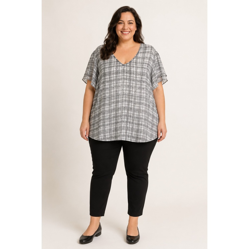 CAbi 4344 Women 2X Black White Plaid Chiffon Flutter Sleeve Plus Blouse